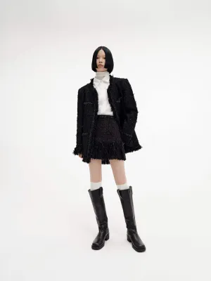 Fringed Detail Tweed Skirt Leather Look Reinforced Hemline