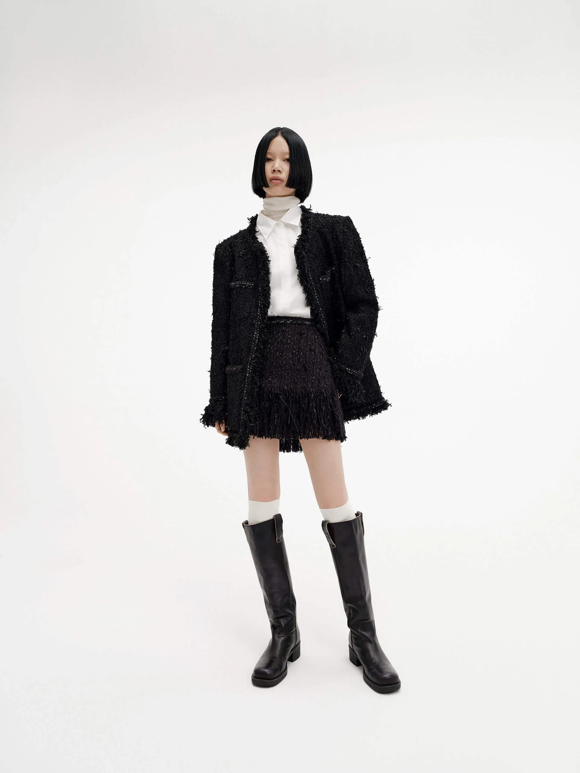 Fringed Detail Tweed Skirt Leather Look Reinforced Hemline