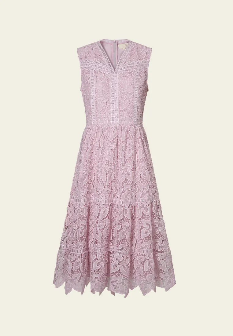 V-neck Panelled Hollow-carved Lace Dress ElasticBinding