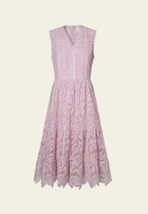 V-neck Panelled Hollow-carved Lace Dress ElasticBinding