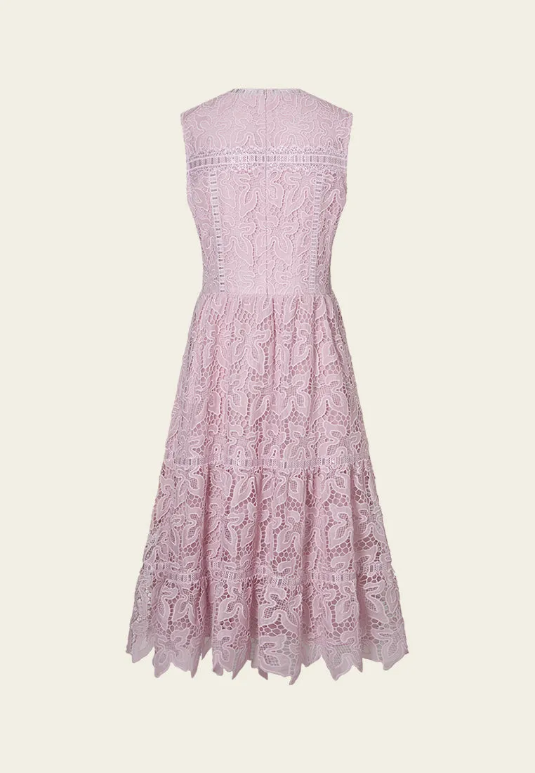 V-neck Panelled Hollow-carved Lace Dress SmoothInnerLining TearResistantMaterial