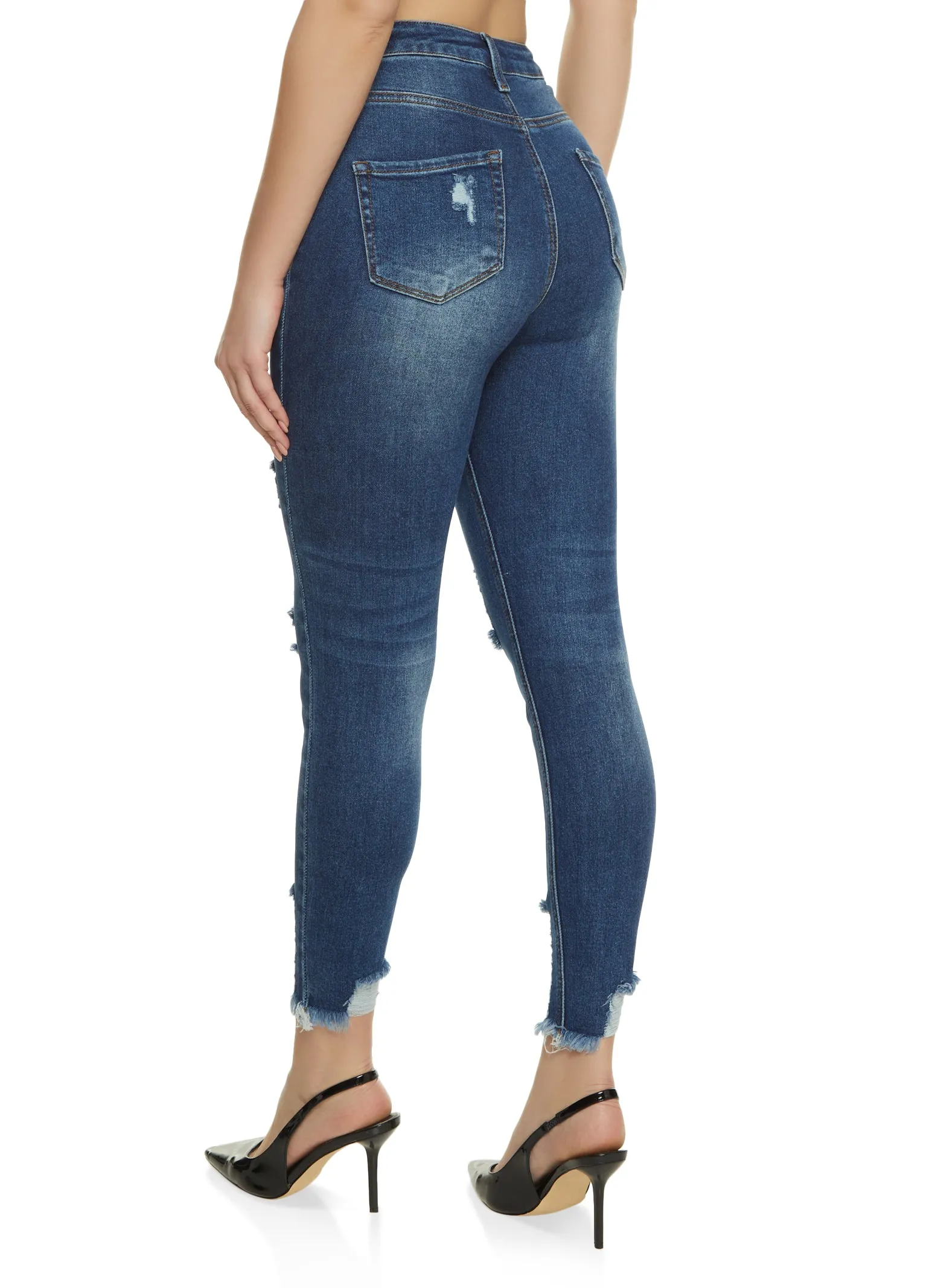 No Fuss Style WAX Distressed Frayed Hem Skinny Jeans