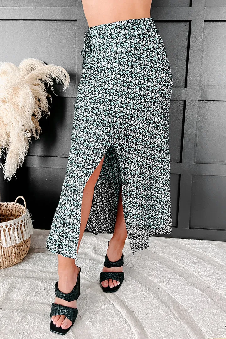 Petal Paradise Satin Floral Wrap Skirt (Black) Stretch Comfort