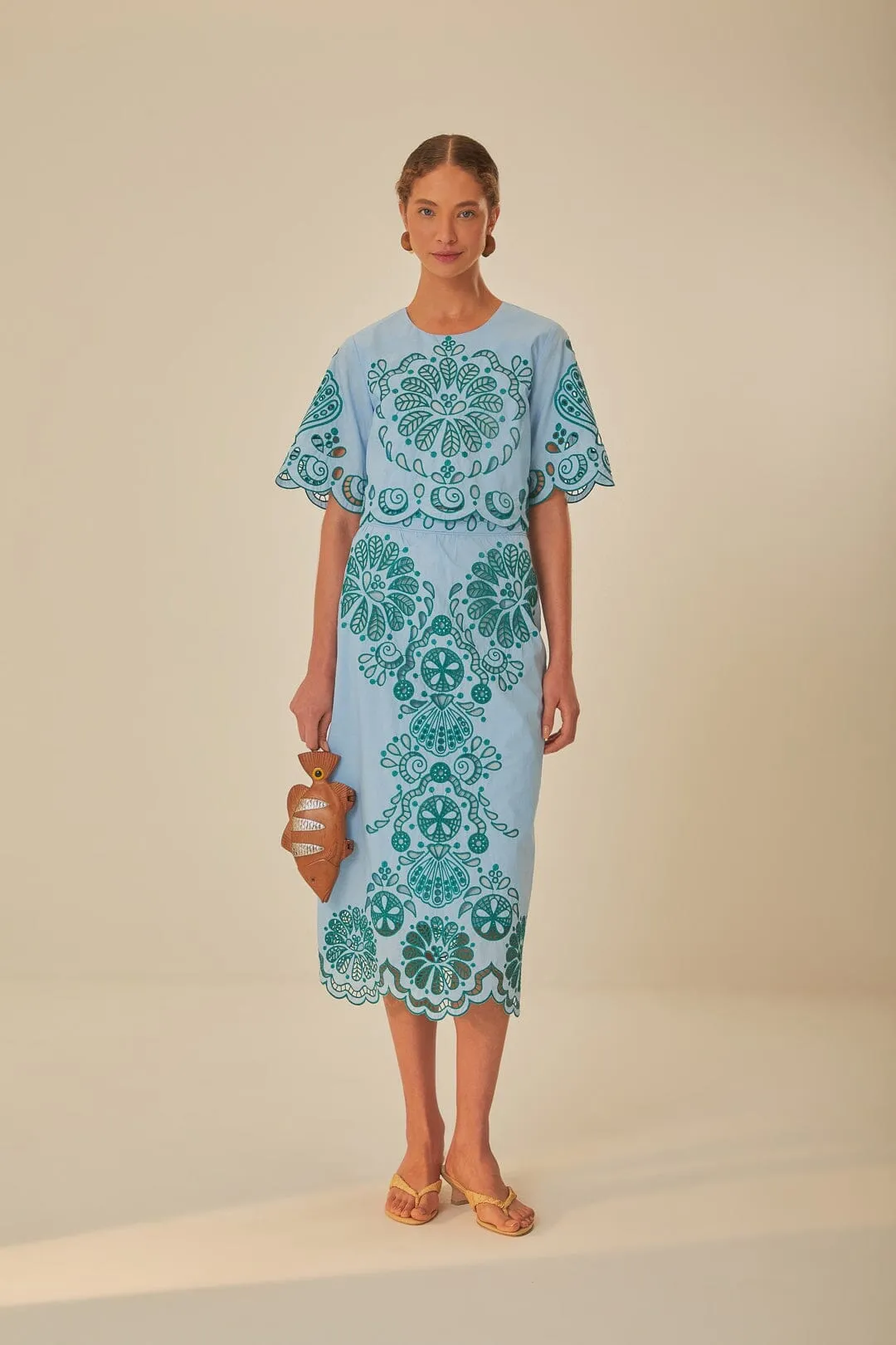 Gather Details Light Blue And Green Graphic Richelieu Midi Skirt