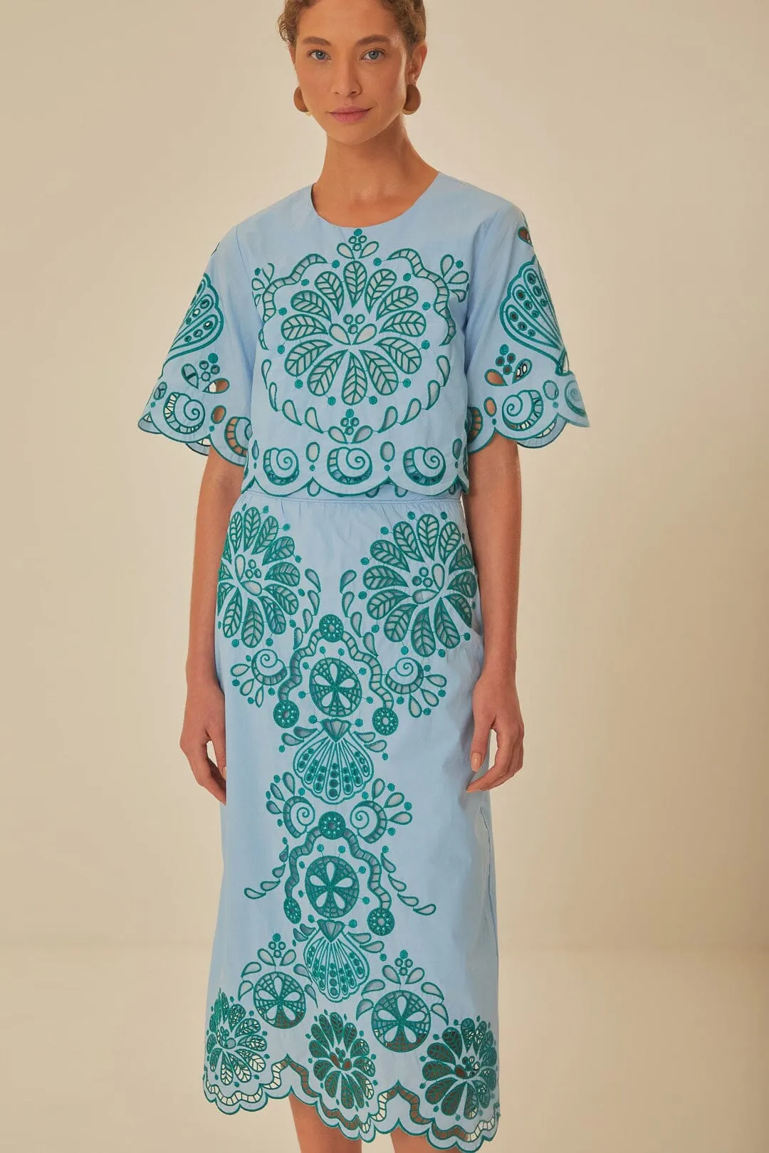 Ventilated Slits Light Blue And Green Graphic Richelieu Midi Skirt