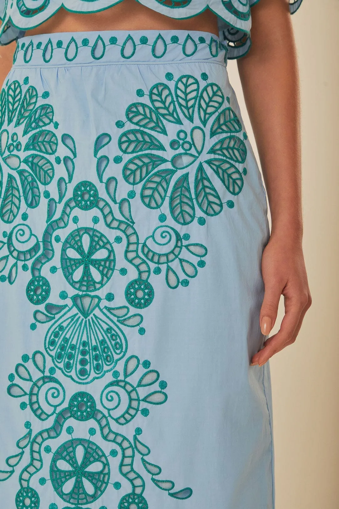 Light Blue And Green Graphic Richelieu Midi Skirt Silk Touch Outfit Combo