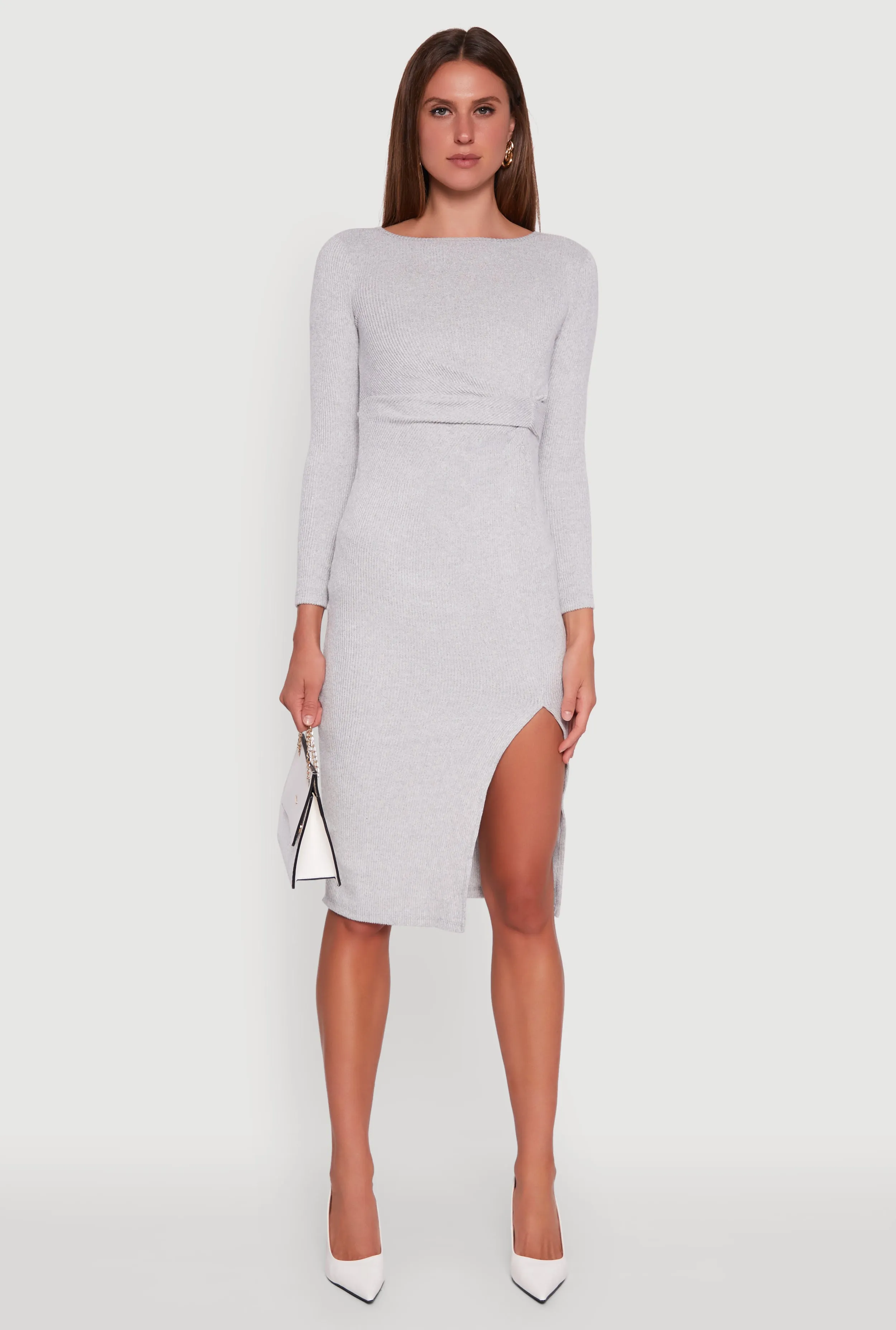 Marled Boat Neck Ruched Side Slit Midi Dress Bird Call Form Hugging