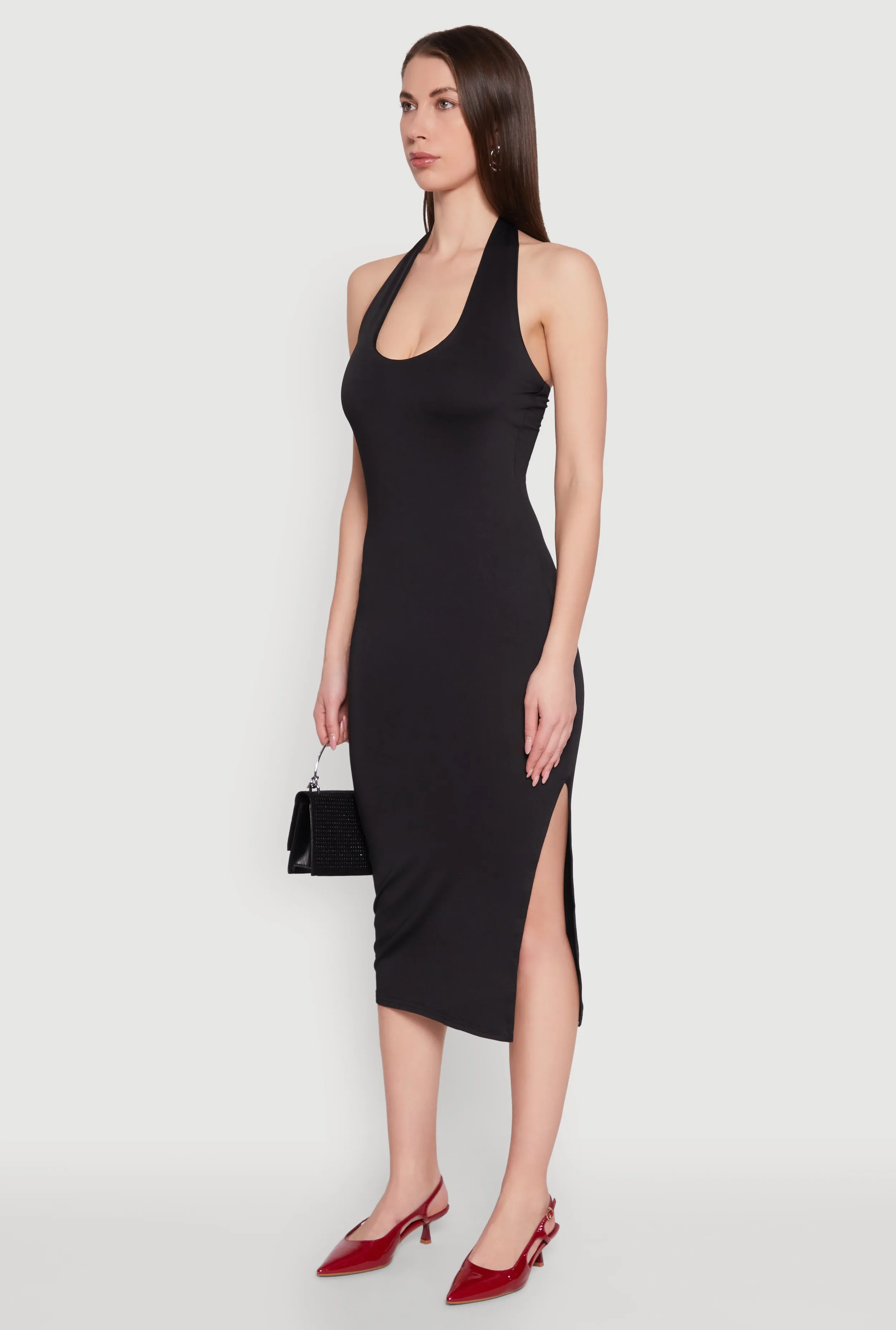 All-season midi Vintage-inspired knee-length piece Side Slit Halter Neck Midi Dress