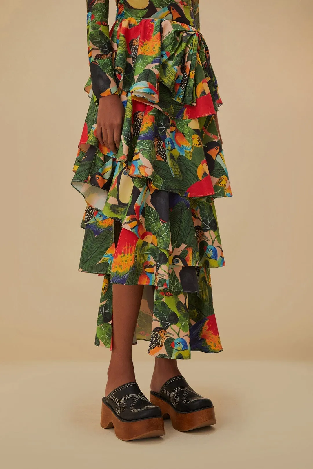 Bird Leaves Sand Tiered Bow Detail Maxi Skirt Stylish Vibe