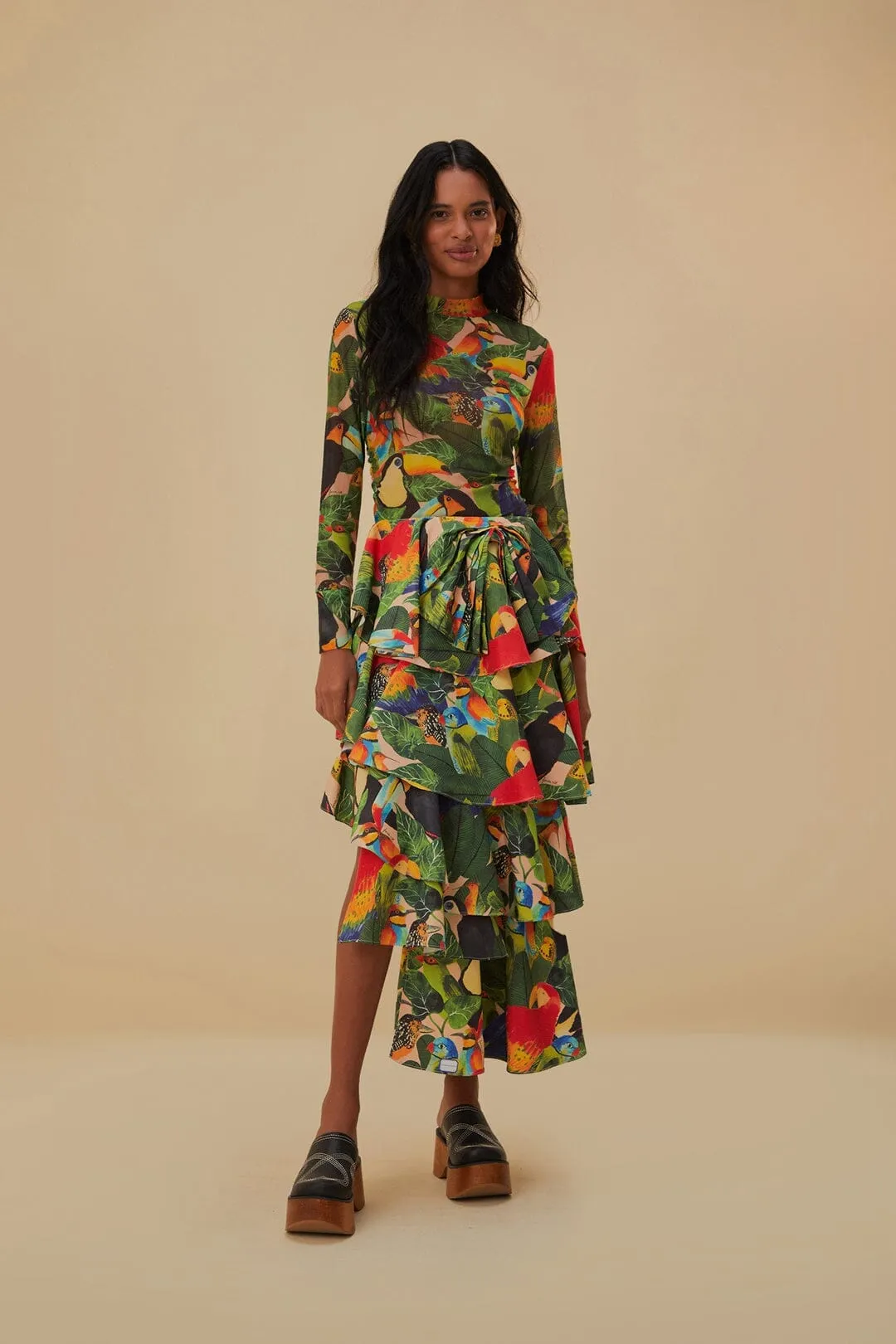 Bird Leaves Sand Tiered Bow Detail Maxi Skirt perforated design ribbed texture