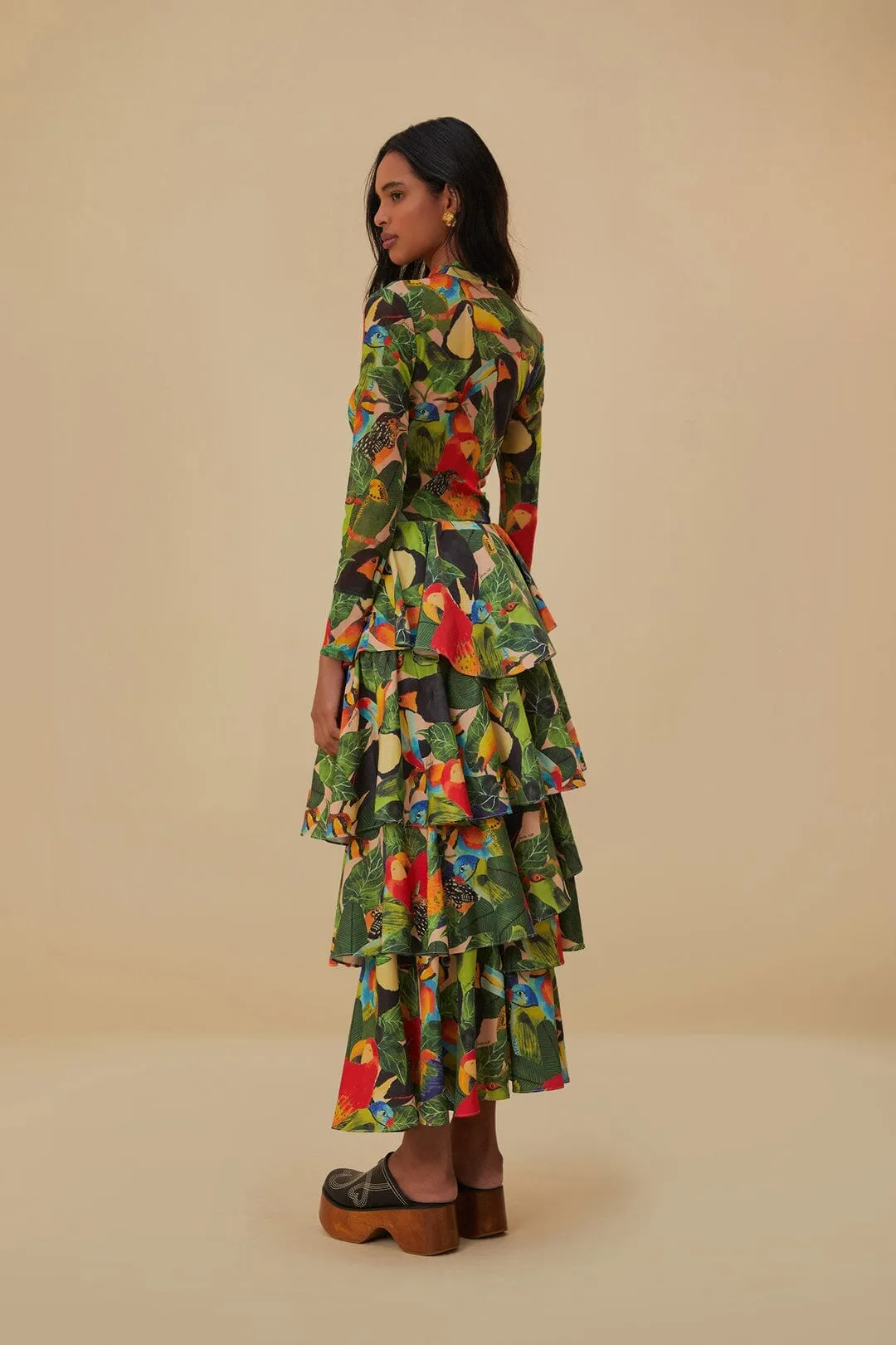 Bird Leaves Sand Tiered Bow Detail Maxi Skirt Trendy Mood