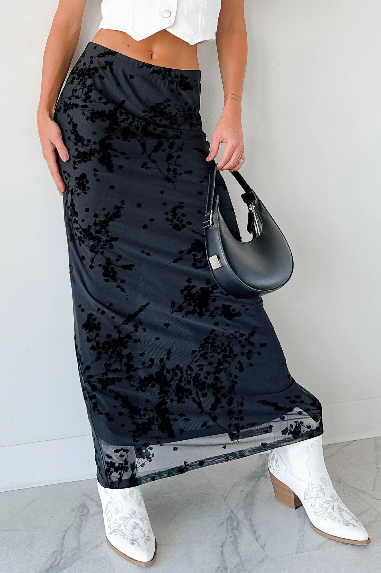 Family Celebration Relaxed Style Call Me Back Floral Mesh Maxi Skirt (Black)