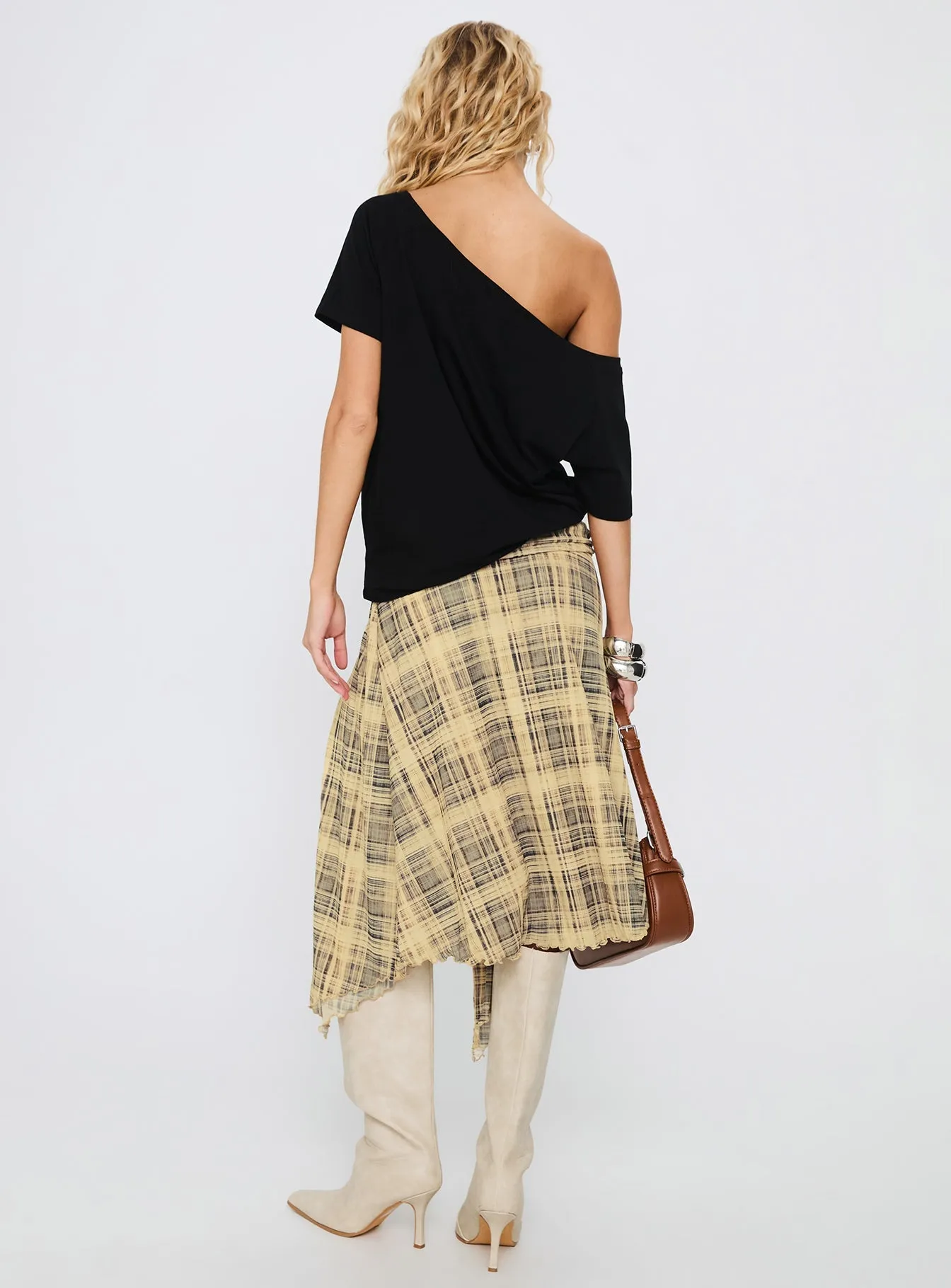 Odor control Rhaina Draped Asymmetrical Midi Skirt Yellow Check