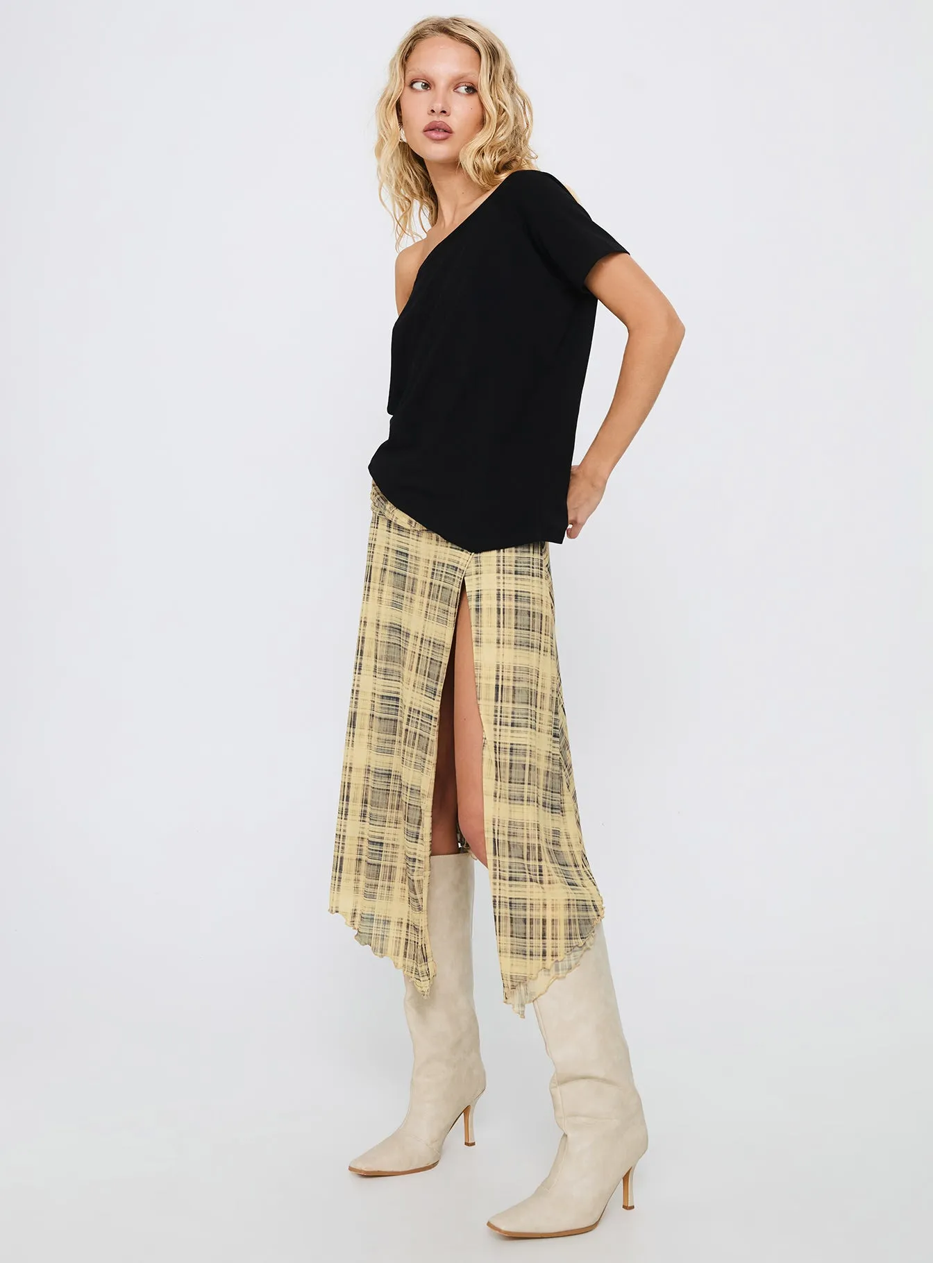 Relaxed Feel Rhaina Draped Asymmetrical Midi Skirt Yellow Check