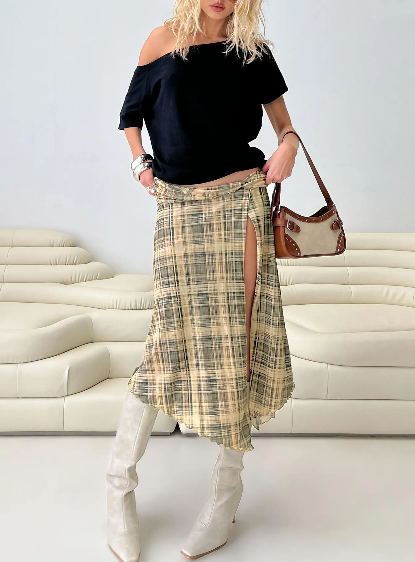 Rhaina Draped Asymmetrical Midi Skirt Yellow Check Quick Wear
