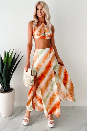 Seamless Design City Wear Tropical Tango Tie-Dye Two-Piece Skirt Set (Orange)