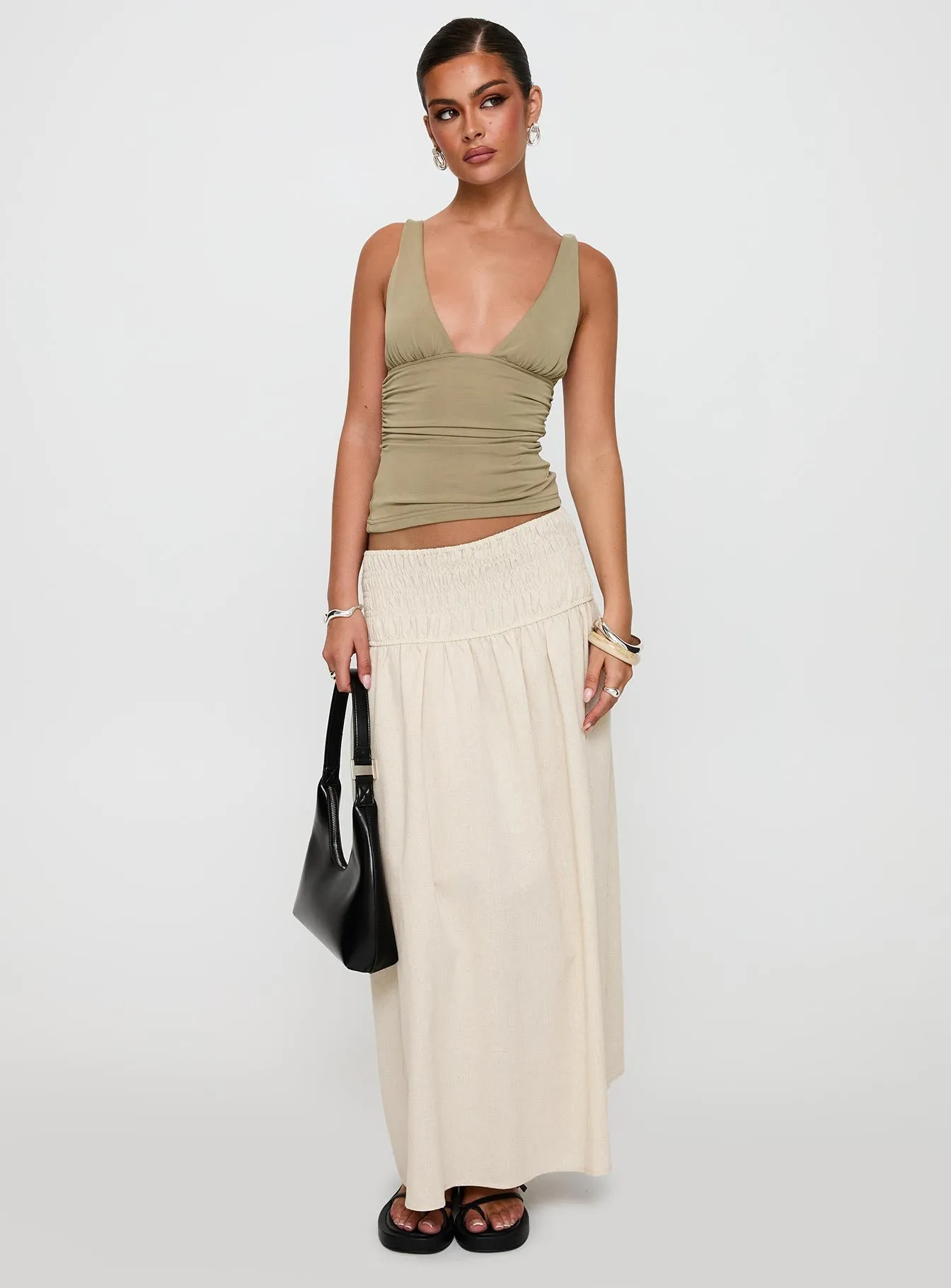 Small Towns Shirred Midi Skirt Beige Push Button Closure