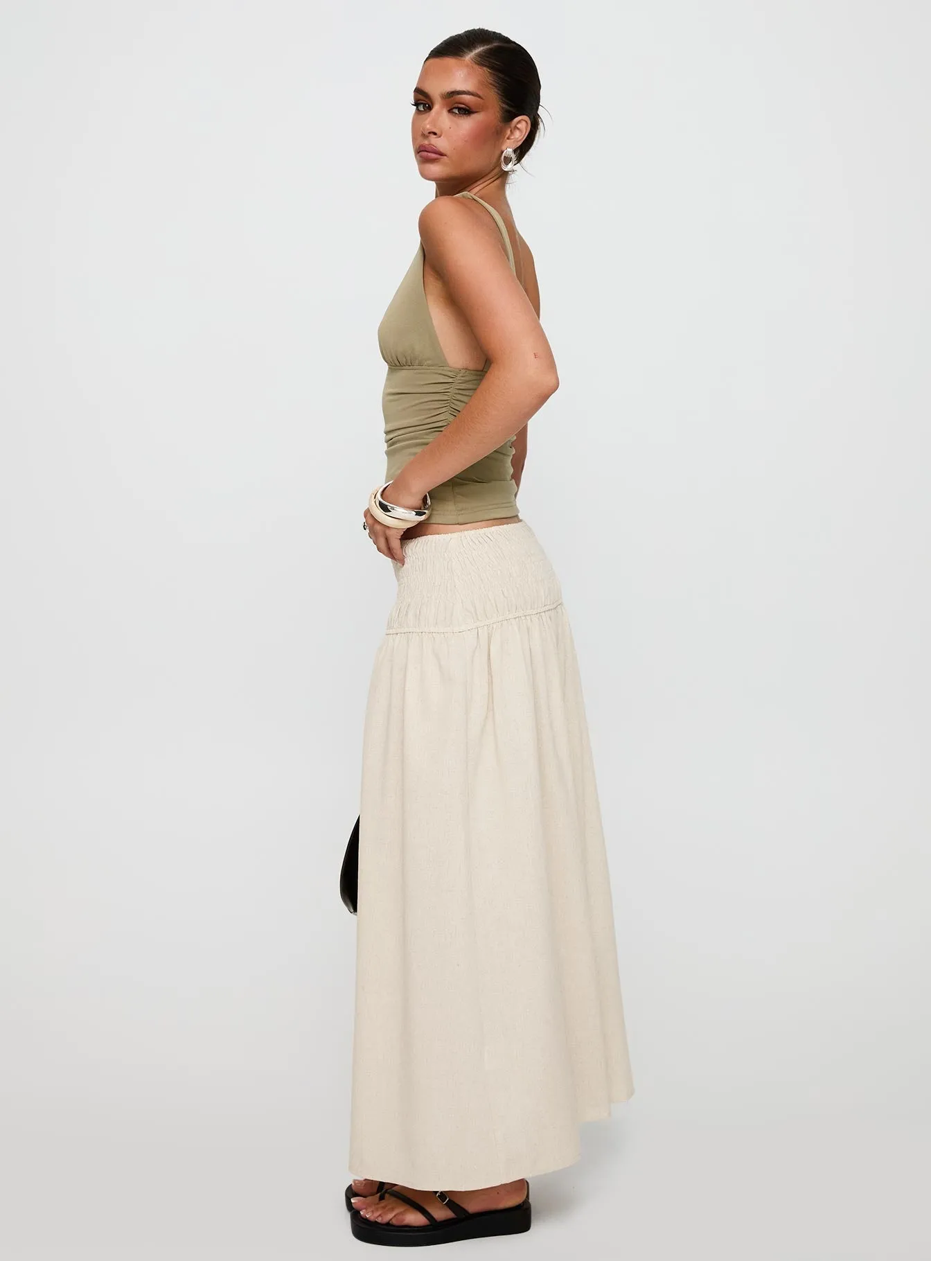 Small Towns Shirred Midi Skirt Beige Polished Look Artisan Print
