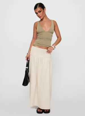 Small Towns Shirred Midi Skirt Beige Sophisticated Mood Stretchy