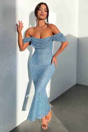 Designed for versatility this maxi dress works for both formal and casual settings Ideal for both warm and cool weather this dress is a year-round wardrobe staple Nara Off Shoulder Sequin Maxi Dress - Blue