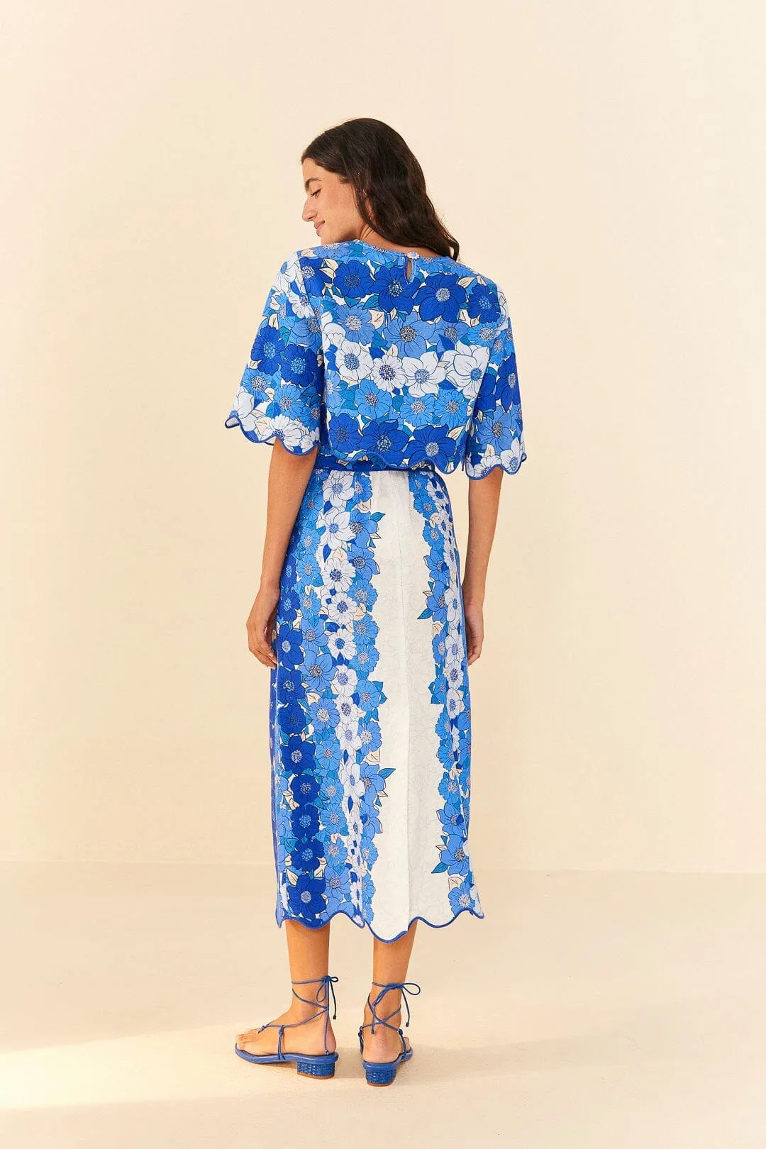 Simple Look Luxury Trim Blue Flower Stripes Midi Skirt