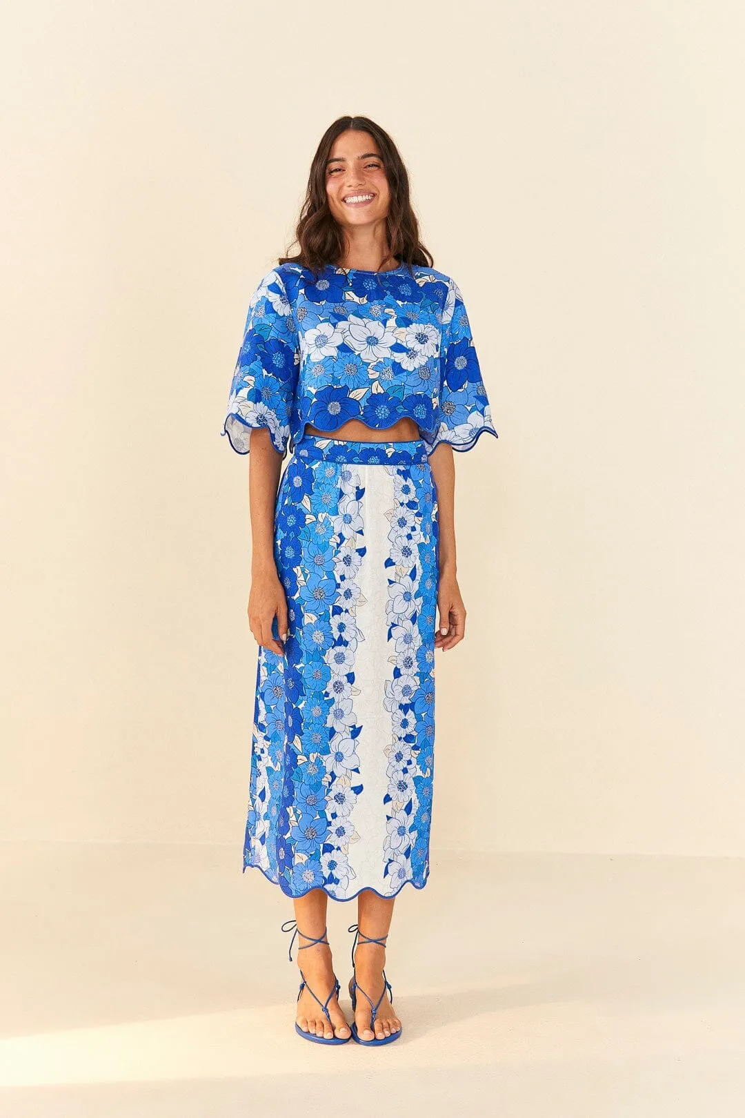 Blue Flower Stripes Midi Skirt All Season Wear Glamorous Appeal