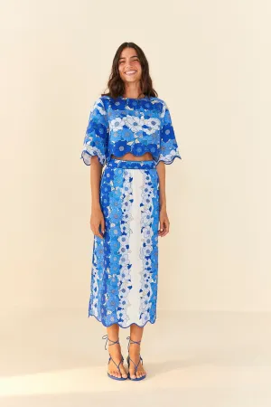 Blue Flower Stripes Midi Skirt All Season Wear Glamorous Appeal