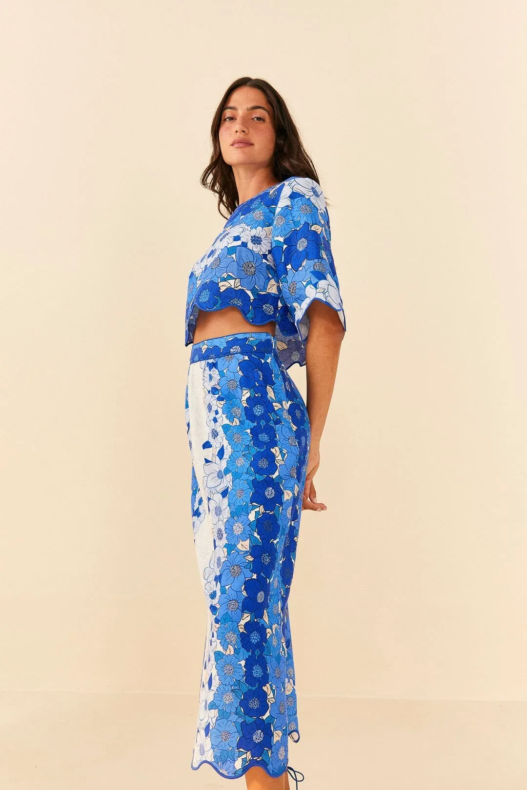 Knitted Fabric Blue Flower Stripes Midi Skirt