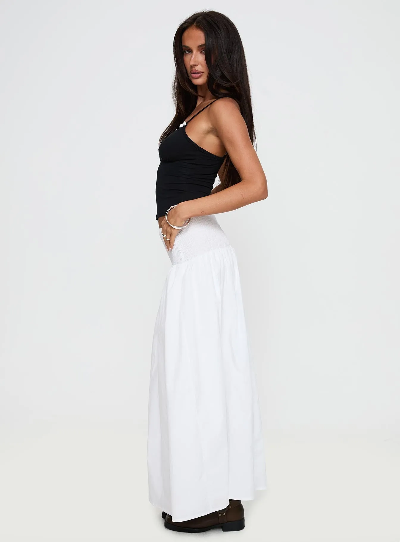 Bohemia Shirred Maxi Skirt White Ventilated Panels