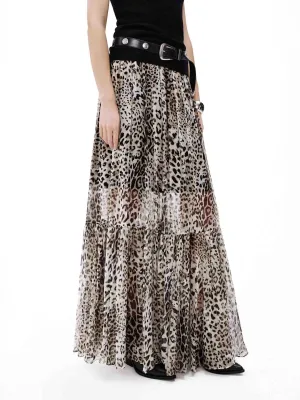Flowy Leopard Print Skirt Contrast Stitching Outdoor Outfit