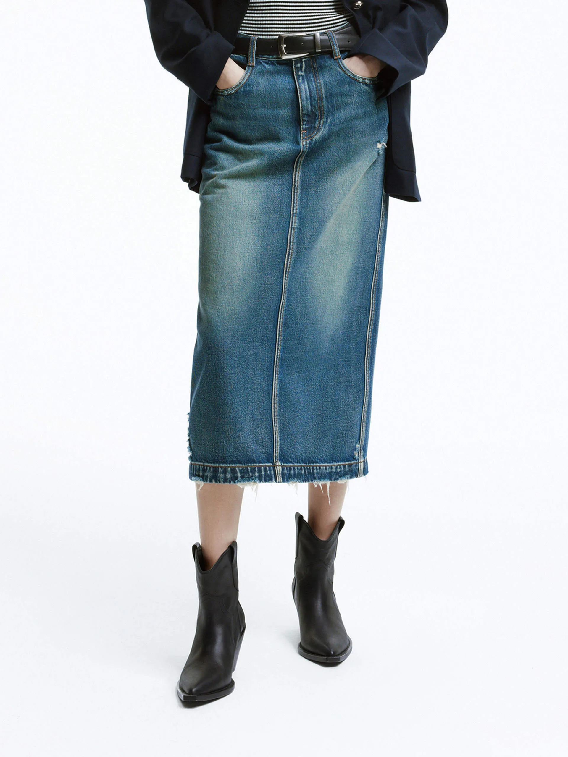 Back Slit Frayed Midi Skirt Easy Movement