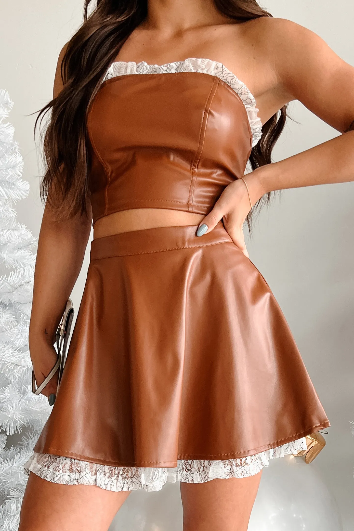 Smart Texture Modern Chic DOORBUSTER Always Flirty Ruffle Lace Faux Leather Skirt (Brown)