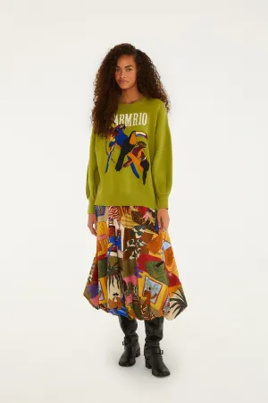 Multicolor Tropical Balloon Organic Cotton Midi Skirt Sheer Overlay Easy Style