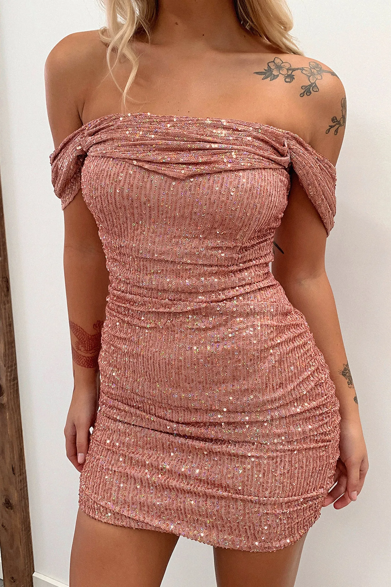 Chic Outfit Elegant mini with floral prints Nara Off Shoulder Sequin Mini Dress - Pink Sequin