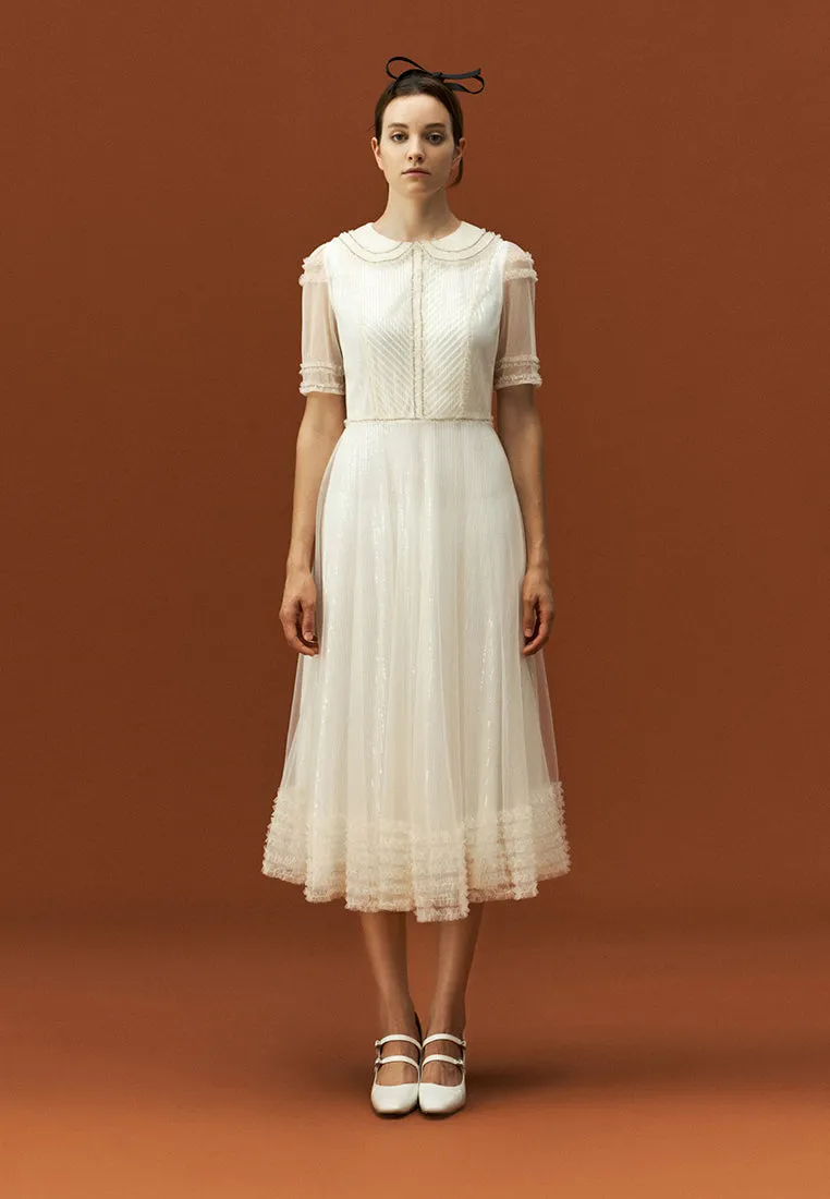 AbrasionFree Edging Frost Glow Sequins Rhinestone Embellished Pleated Chiffon Lapel Dress