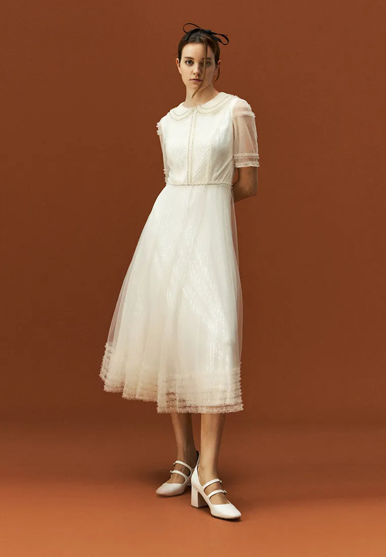 Group Mood Sequins Rhinestone Embellished Pleated Chiffon Lapel Dress
