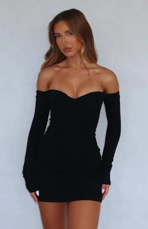Running Out Of Time Off Shoulder Long Sleeve Mini Dress Black Vented Panels TensionAdjustedWaistband