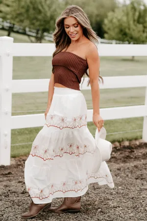 Cherry Blossom Breeze Tiered Maxi Skirt (White) Lightweight Lining Relaxed Style
