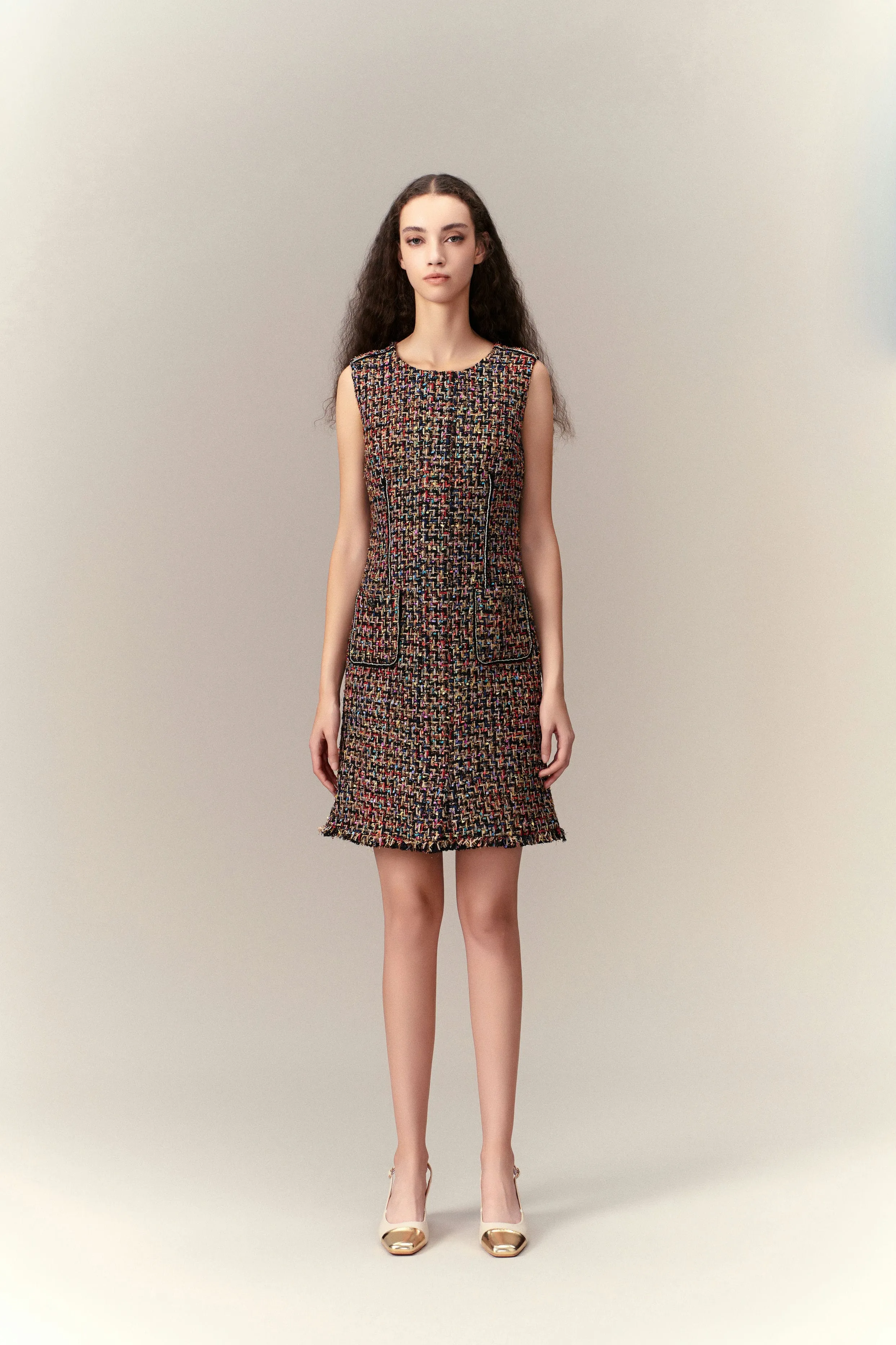 Chunky Woven Patch-pocket Sleeveless Tweed Dress Relax Vibe Quiet Core