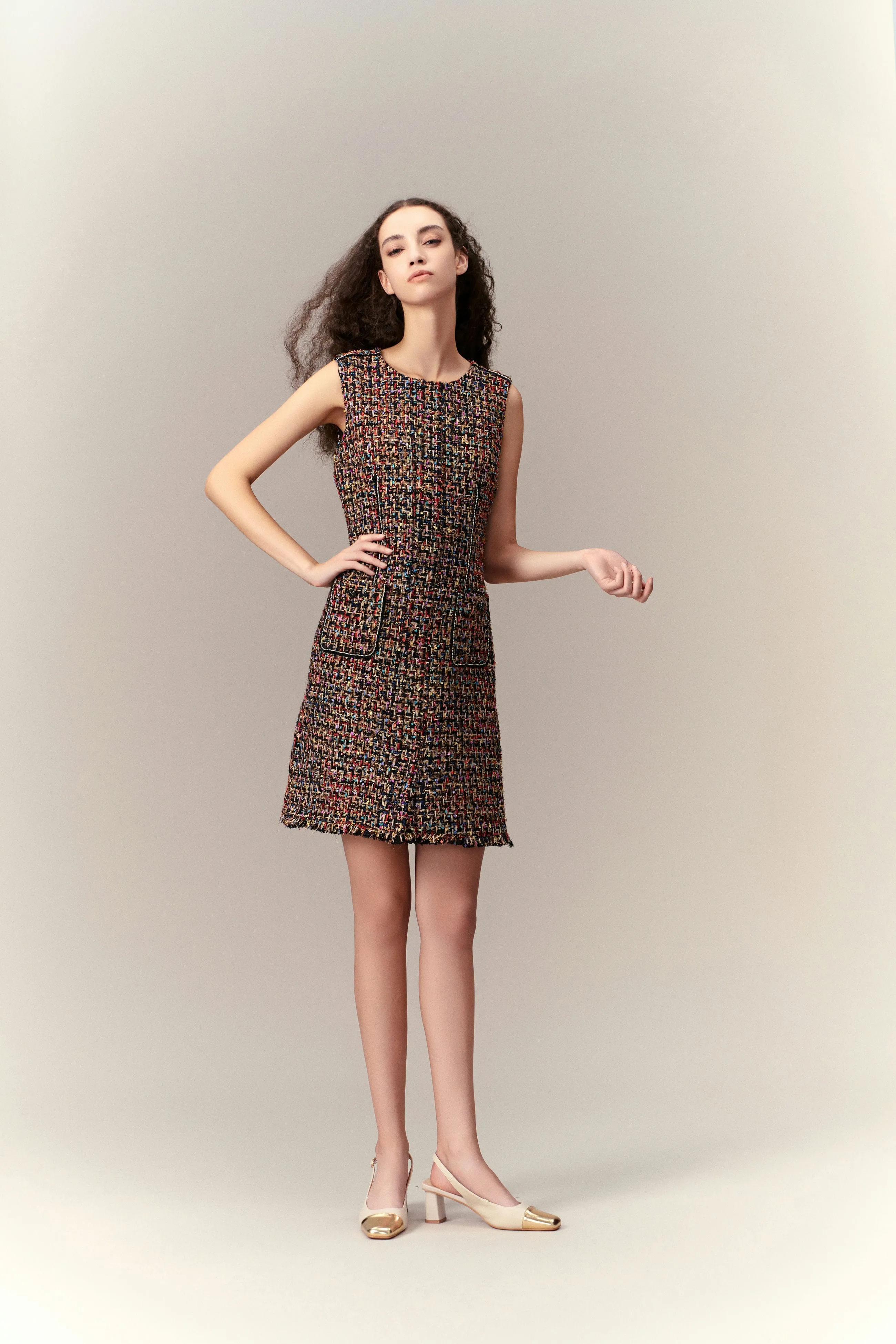 Chunky Woven Patch-pocket Sleeveless Tweed Dress Relax Vibe LightweightTextile