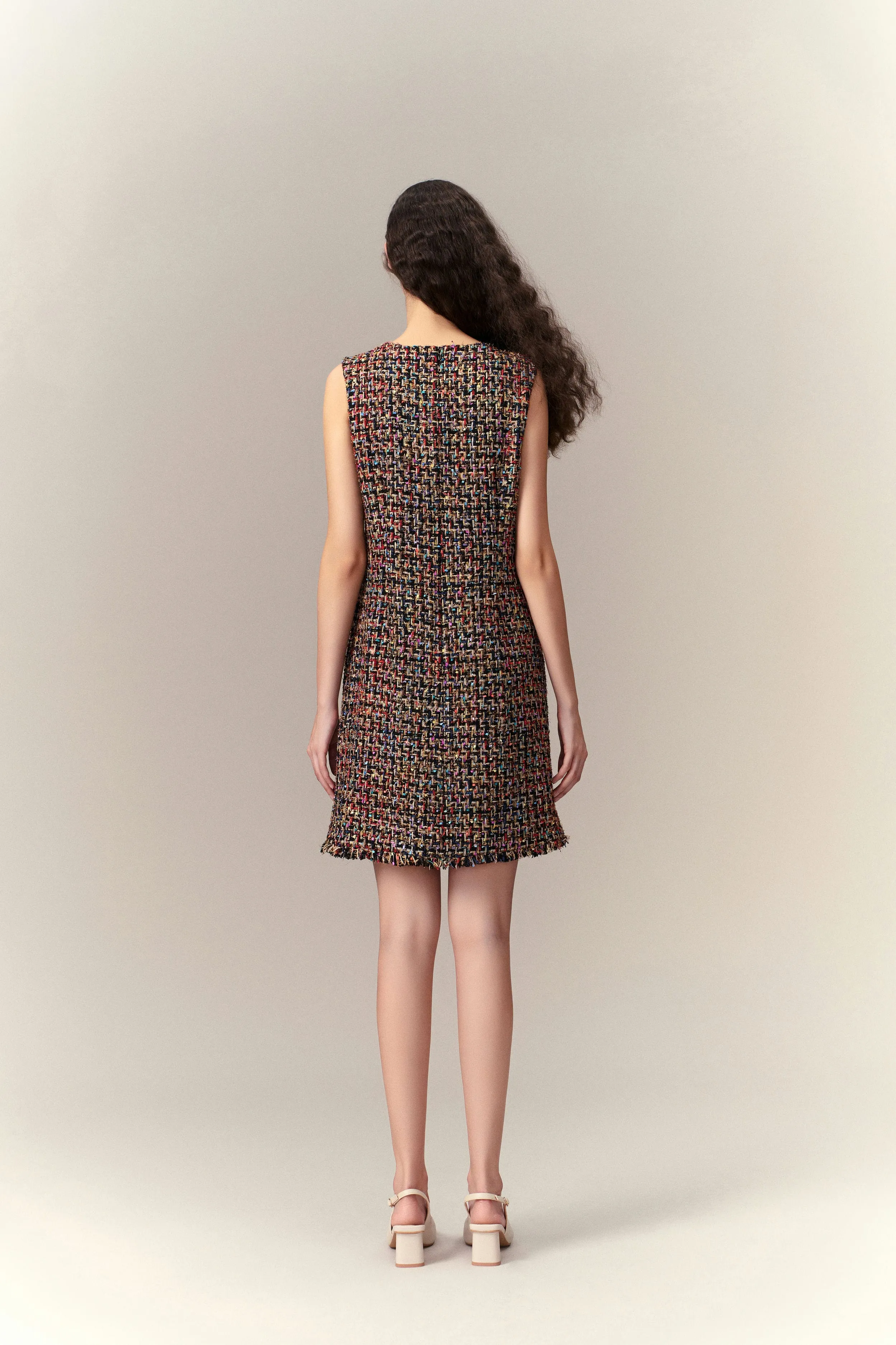 NoSlipGrip Chunky Woven Patch-pocket Sleeveless Tweed Dress