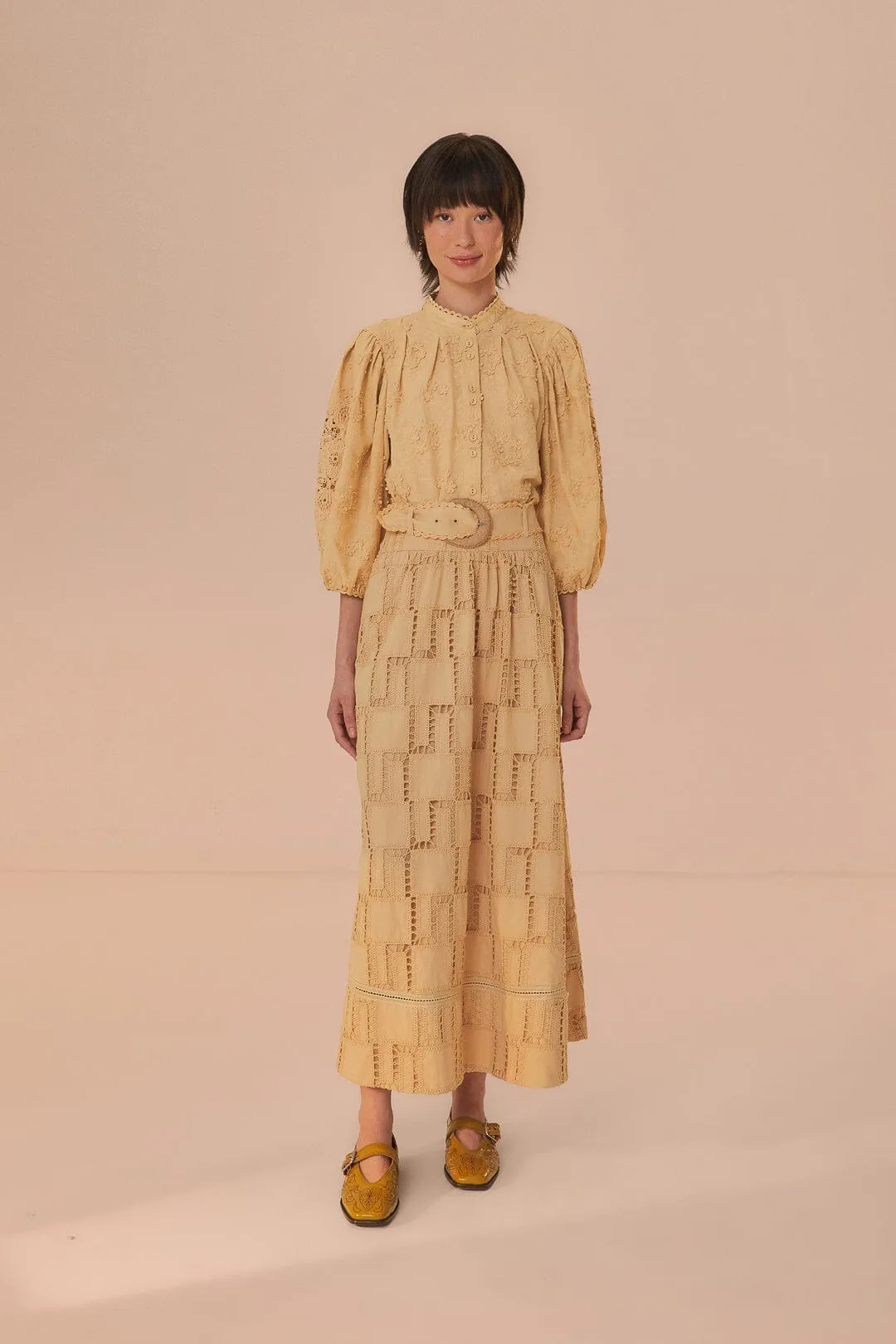 Refined Sophistication Full Circle Sand Crochet Midi Skirt