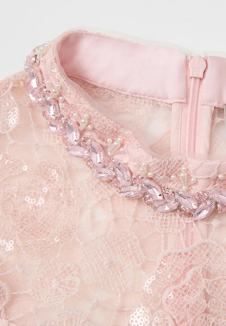 Ice Fit Bow-belt Stand-collar Bead-and-crystal Embellished Lace Dress