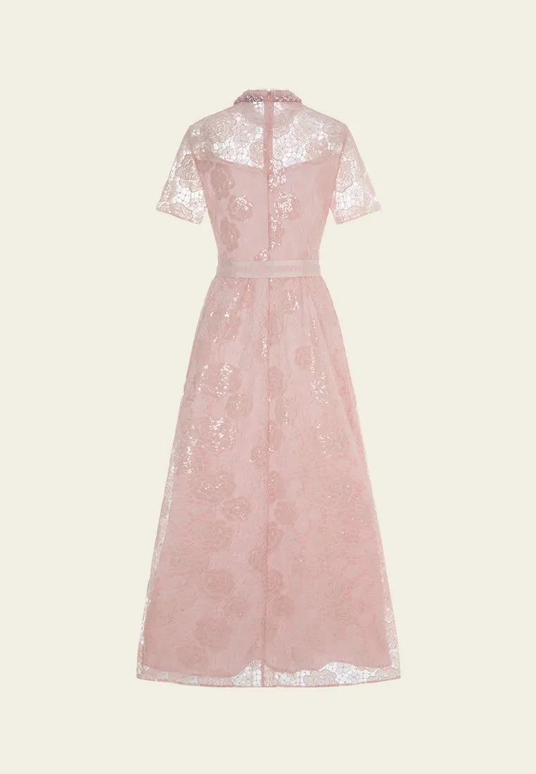 Bow-belt Stand-collar Bead-and-crystal Embellished Lace Dress AirflowOptimized