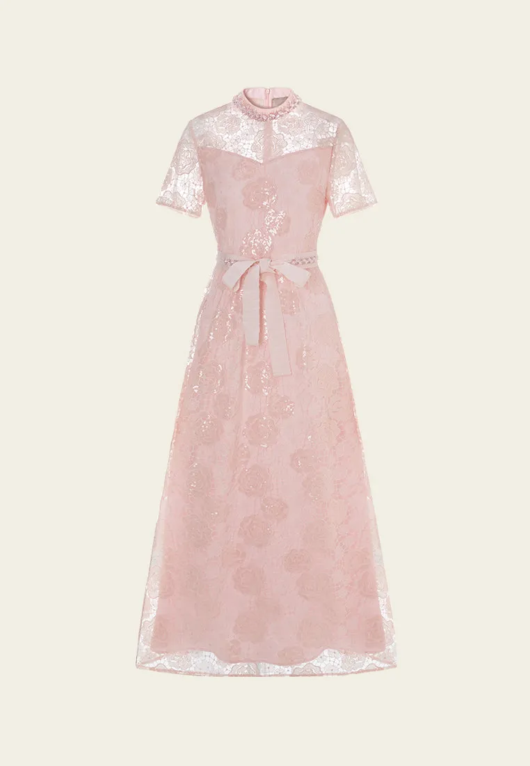 Hope Fit Glitter Fit Bow-belt Stand-collar Bead-and-crystal Embellished Lace Dress
