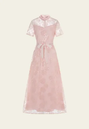 Hope Fit Glitter Fit Bow-belt Stand-collar Bead-and-crystal Embellished Lace Dress