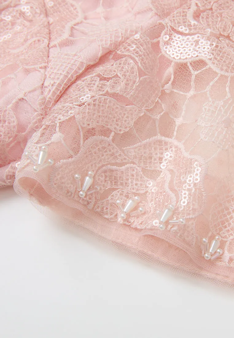 AdjustableStraps Bow-belt Stand-collar Bead-and-crystal Embellished Lace Dress
