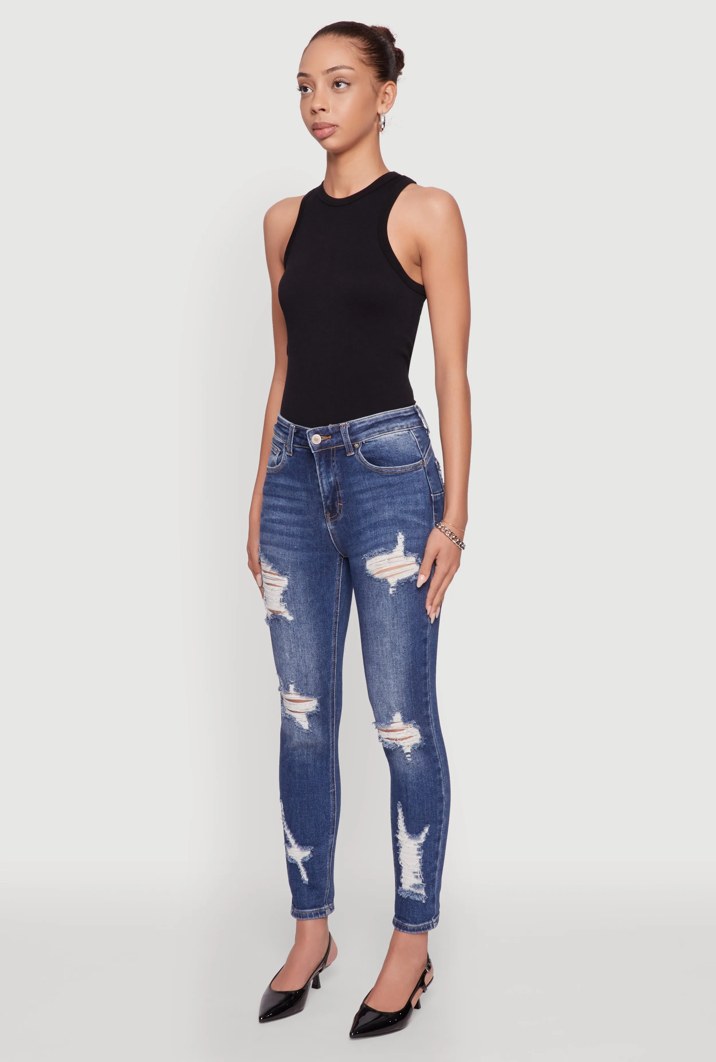 Breathable Denim Simple Fit WAX Ripped Rolled Cuff Skinny Jeans