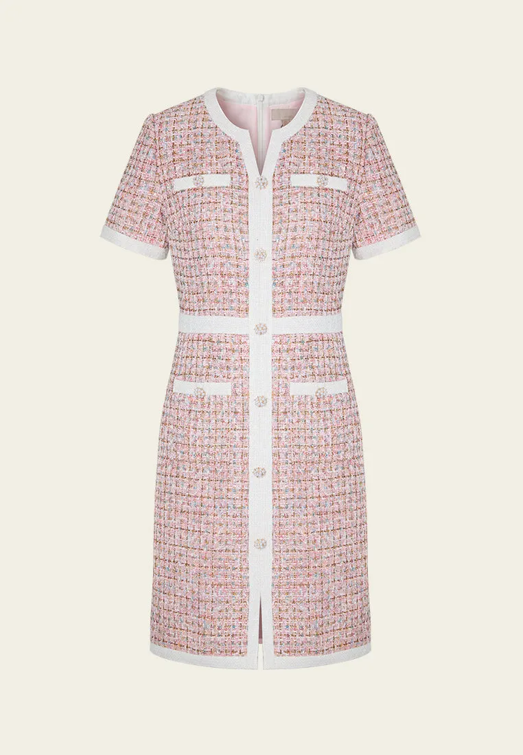 Contrast-trim Lurex Mixed Tweed Checked Dress Reflective Safety Accents Smooth Yarn