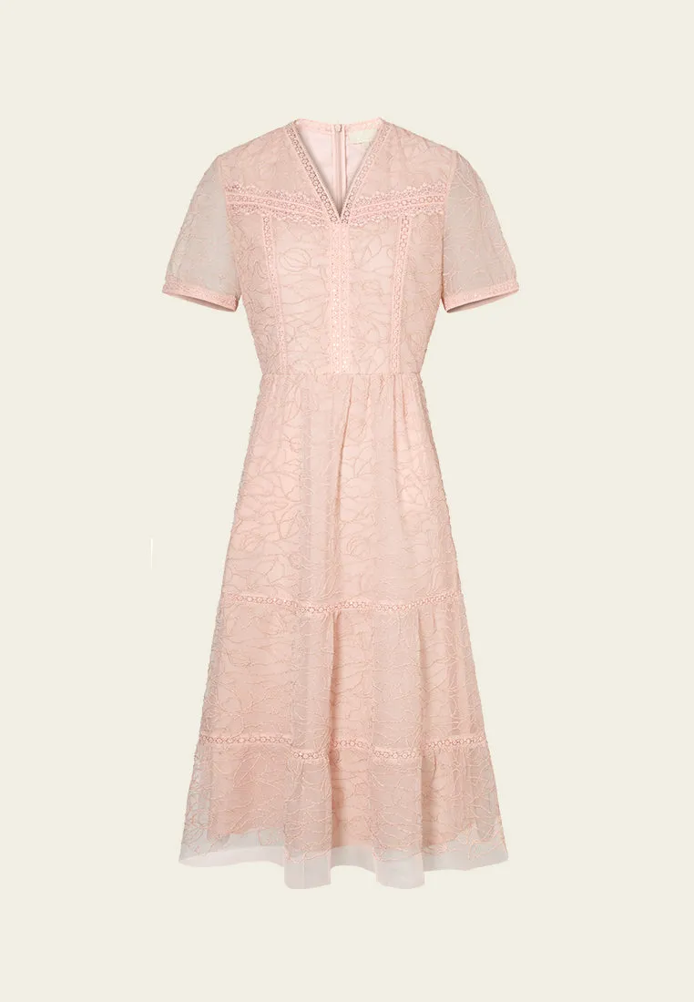 Breathable knit V-neck Panelled Plant-embroidery Mesh Dress